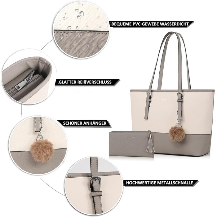 Сумка жіноча TANTOMI з гаманцем: велика сумка для офісу, школи, покупок, сіро-бежева з пензликами та пухнастим брелоком