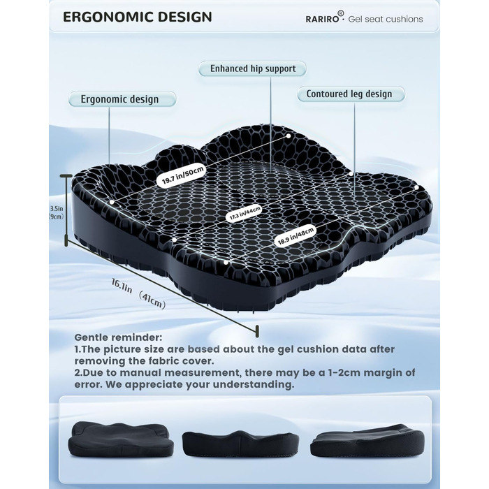 Гелеве сидіння для офісного крісла: ергономічна подушка з подвійною структурою, Wabenstruktur для спини та хвоста, для тривалого сидіння, авто/каяк/візок (чорний, 50x41x9 см)