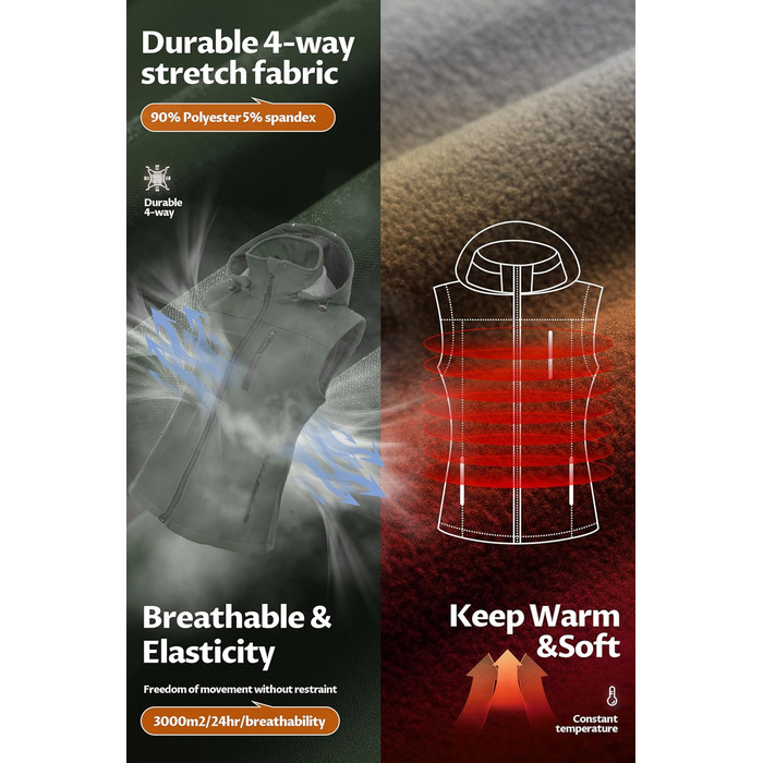 Легка софтшеллова жилетка CREATMO для жінок, вітрозахисна куртка без рукавів з капюшоном (XXL, Армійний зелений)