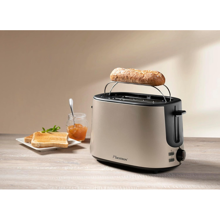 Тостер Bestron Satin Collection: 2 камери, 7 рівнів підсмажування, крихтозбірник, підставка для тостів, 1000 Вт, світло-бежевий