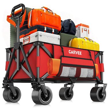 Візок-садовий складний GarveeLife XXL 200кг, 200л, червоний: для пляжу, кемпінгу, саду. Гальма, позашляхові колеса 20см, бічні кишені