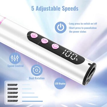 Електричний фрезер для нігтів Nagelfräser Kabellos 2-в-1 з LED лампою для манікюру та педикюру, 35000 об/хв, срібний