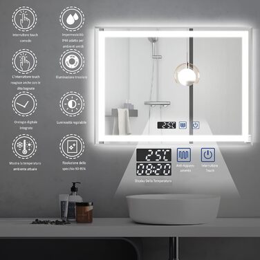 Дзеркало для ванної кімнати YU YUSING з підсвічуванням 60x80 см, протизапітніння, 3 кольори світла, регулювання яскравості, LED, годинник, IP44, металевий каркас, вертикальне, срібне