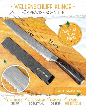 KRUSTENZAUBER Brotmesser з хвилястим лезом 20 см: міцне, з нержавіючої сталі, для точного нарізання хліба та хлібобулочних виробів
