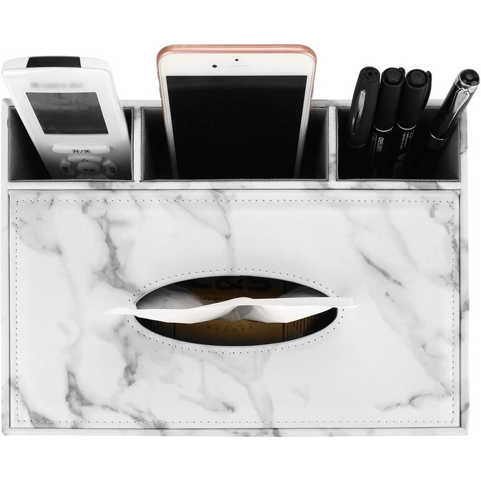 BSTKEY Tissue Box Rectangular Faux Leather Tissue Box with Remote Control (White Marble)