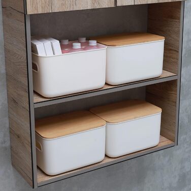 Kerhouze 2 PCS Storage Box with Bamboo Lid White Storage Plastic Box for Organization Stackable Storage Boxes with Handle for Kitchen Bathroom 38.4 * 27 * 15.2cm, 13L (2PACK 6.5L)