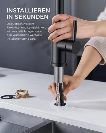 Кран кухонний FORIOUS з висувною лійкою, 360° обертання, 2 режими, матовий чорний