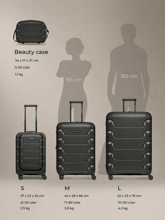 Набір валіз SMARTBOX з жорстким корпусом (3 шт) | Розширюваний на 3 см | З поліпропілену, TSA-замок, 4 колеса | Для жінок та чоловіків (Edition 01) (Чорний, S (55 см) з відділом для ноутбука)