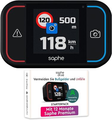 Радар-детектор Saphe Drive Pro для авто з кольоровим дисплеєм, сумісний з CarPlay та Android Auto, сповіщення про радари і небезпеки, дані Blitzer.de, підписка на 12 місяців
