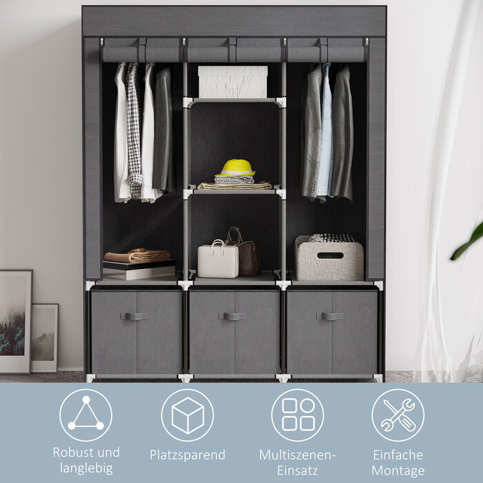 HOMCOM Folding Wardrobe, Fabric Closet, Zipped Folding Cabinet, Non-woven Fabric, Dark Grey, 125x43x162.5cm | Aosom