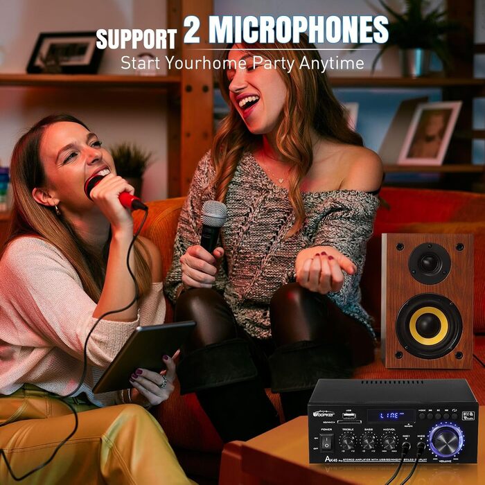 HiFi підсилювач WOOPKER AK45 Pro, 500 Вт, Bluetooth, 2-канальний, стерео, міні аудіо ресивер з FM-радіо, USB/SD/AUX/RCA/MIC входами, 12В/220В для колонок