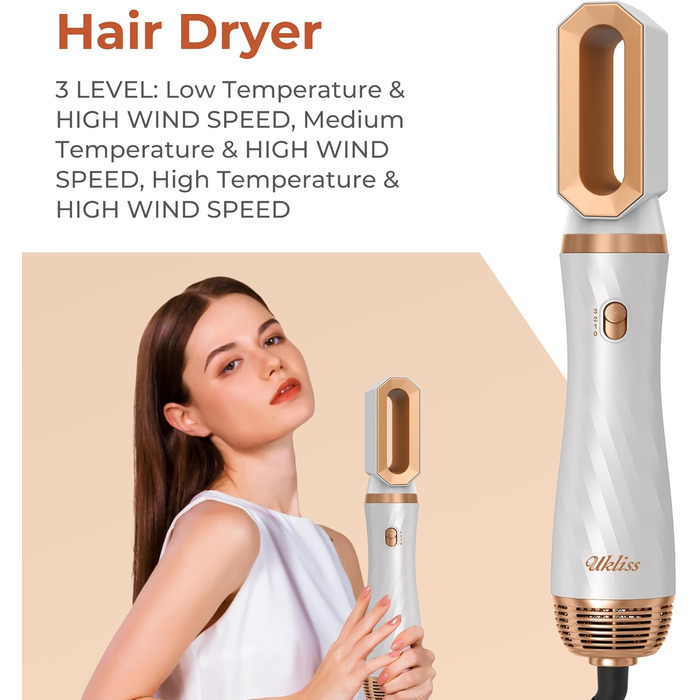 Набір мультистайлера UKLISS 6-в-1: фен, плойка, браш, термощітка, іонний фен (Золотий)