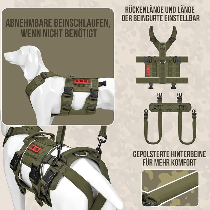 Шлейка для собак OneTigris SKYEWALKER, підтримуюча шлейка з 2 ручками, регульована, для реабілітації та підтримки, XL (M:14-27кг(ОБ:40-58см, Грудка:60-81см), Зелена)