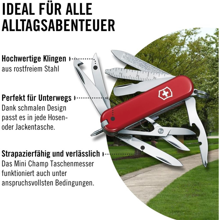 Мультитул Victorinox Mini Champ: 18 функцій, Swiss Made, з відкривачем листів, відкривачем пляшок, інструментом для зняття ізоляції, червоний