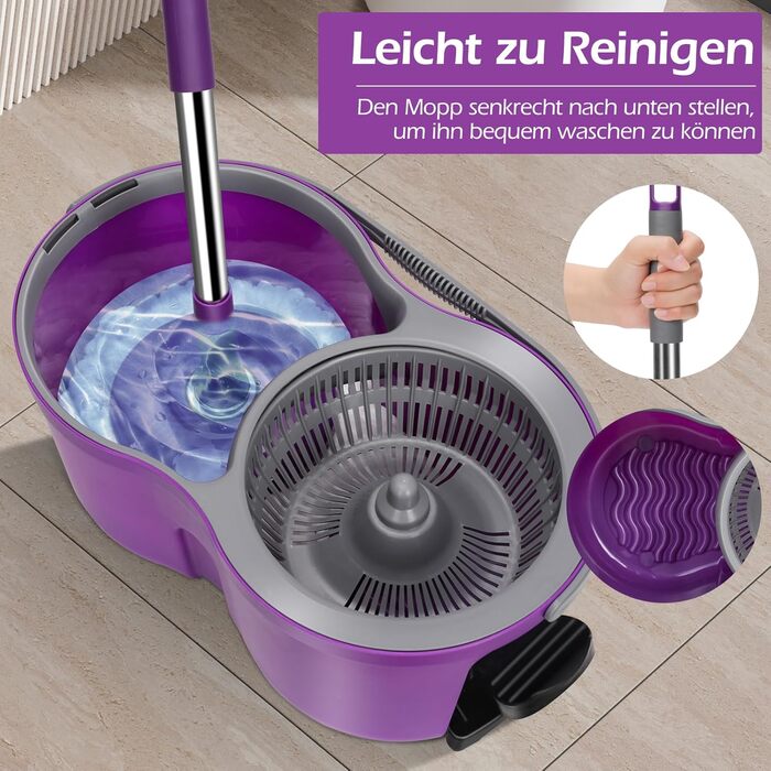 MASTERTOP Набір для миття підлоги з відром, моп з нержавіючою сталею та 3 мікрофібровими накладками, професійний набір для миття підлоги з відром та функцією віджиму - фіолетовий