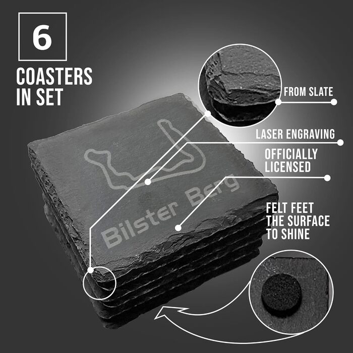 Nürburgring Coasters for Drinks, 6-Piece Set of Slate Coasters, for Home and Dining Room, Decoration, Racing Fans (Bilster Berg)