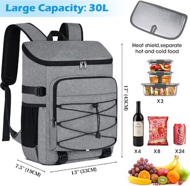 NUBILY 30L Insulated Cooler Backpack - Waterproof Cooler Bag Backpack, Large Insulated Cooler Bag, Thermo Lunch Bag for Camping, Outdoor Activities, Travel, BBQ, Hiking (Gray)