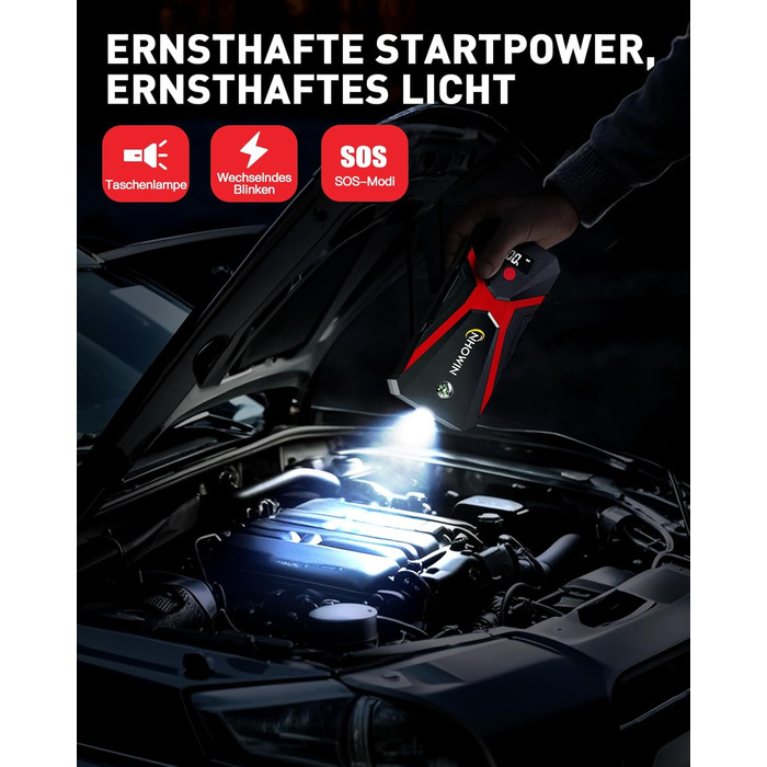 Портативний пусковий пристрій NHOWIN 4000A: Powerbank для авто 12V, 20000 mAh, 4-в-1, з кабелями та LED-ліхтариком для подорожей та надзвичайних ситуацій