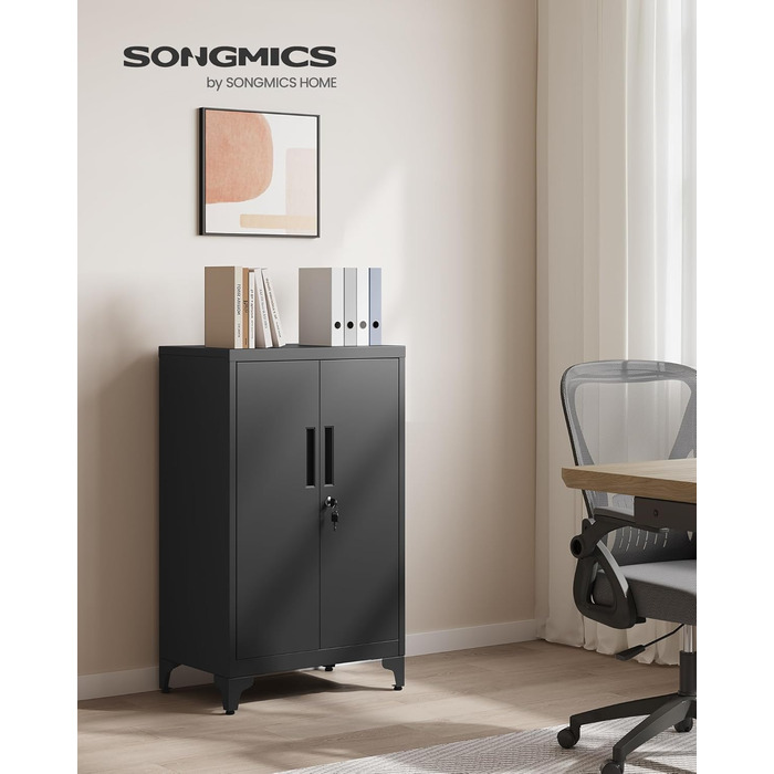 SONGMICS File Cabinet, Multi-Purpose Cabinet, Office Cabinet with 2 Doors, Lockable Cabinet, Steel Storage Cabinet, for Study Room, Living Room, Matte White OMC012W01 (60B cm, Matte Black)