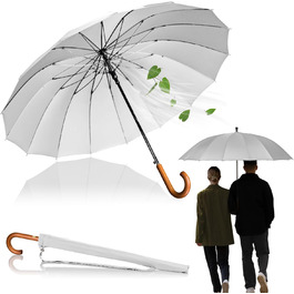 Logan & Barnes Stormproof Umbrella - 120cm Diameter with Wooden Handle & Silent Tip - XXL Large Umbrella with 16 Ribs - EDINBURGH Model (White)