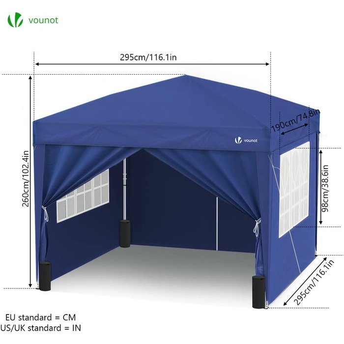 VOUNOT® Pavilion 3x3m with 4 Side Walls & 4 Sandbags, Pop-Up Folding Pavilion, Foldable Garden Tent Party Tent, including Bag, Grey (Blue+4 Side Walls)