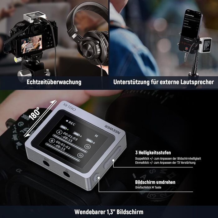 NEEWER Міні бездротове мікрофону, комплект 1RX+2TX+зарядний кейс, 150м радіус дії, для iPhone, iPad, Android, DJI, Insta360, PC, Mac