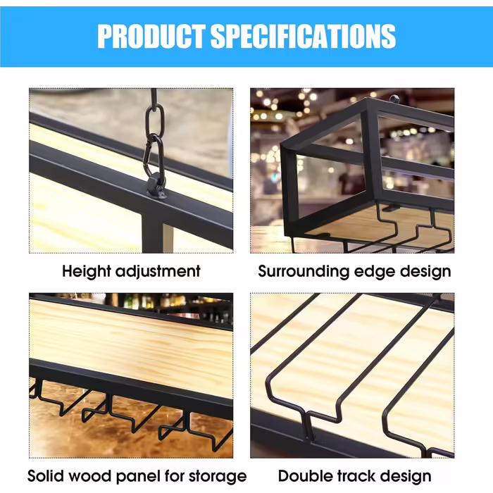 DSVONAUS Ceiling Shelf, Wine Rack, Height-Adjustable Decoration Shelf, Retro Iron and Solid Wood Ceiling Shelf, Single-Layer, For Bars/Restaurants/Kitchens (120 * 25 * 100cm) (200*25*100cm)