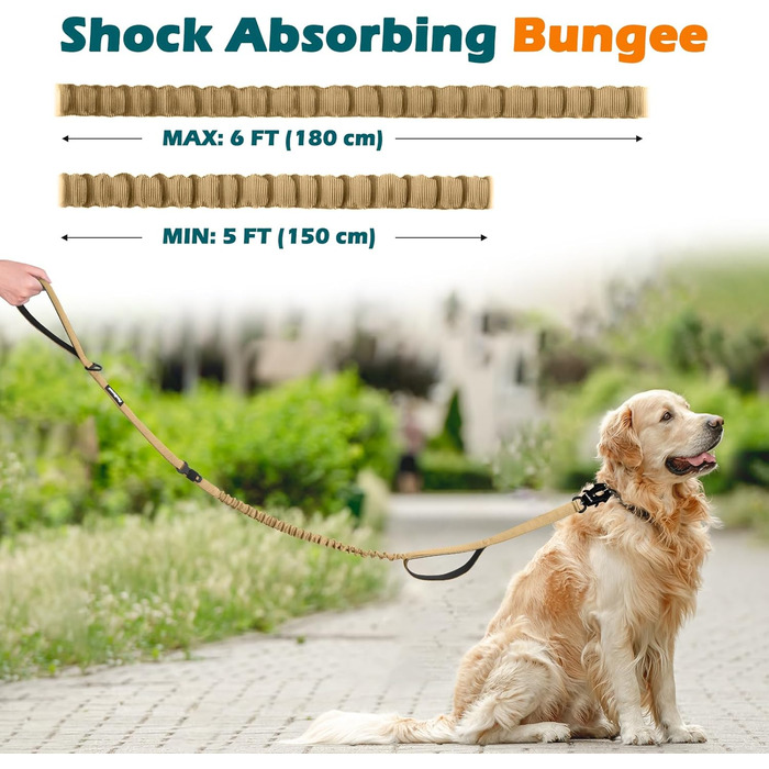 Міцна тактична повідок для собак PetBonus, 1,5м, еластична, з 2 м'якими ручками, страхувальний ремінь для авто, нашийник-антавка для дресирування, для великих та середніх собак (Армійний зелений, Хакі)