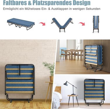 COSTWAY Гостьове ліжко 80x190 см з матрацом з memory foam, складане односпальне ліжко, металевий каркас до 130 кг, ліжко-трансформер на колесах, для вітальні/гостьової кімнати, блакитне