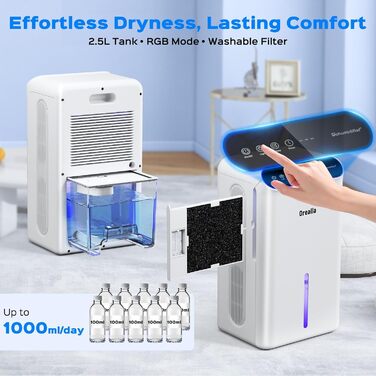 Електричний осушувач повітря для дому: тихий осушувач 67 м² з баком 2.5 л, таймером та режимом сну