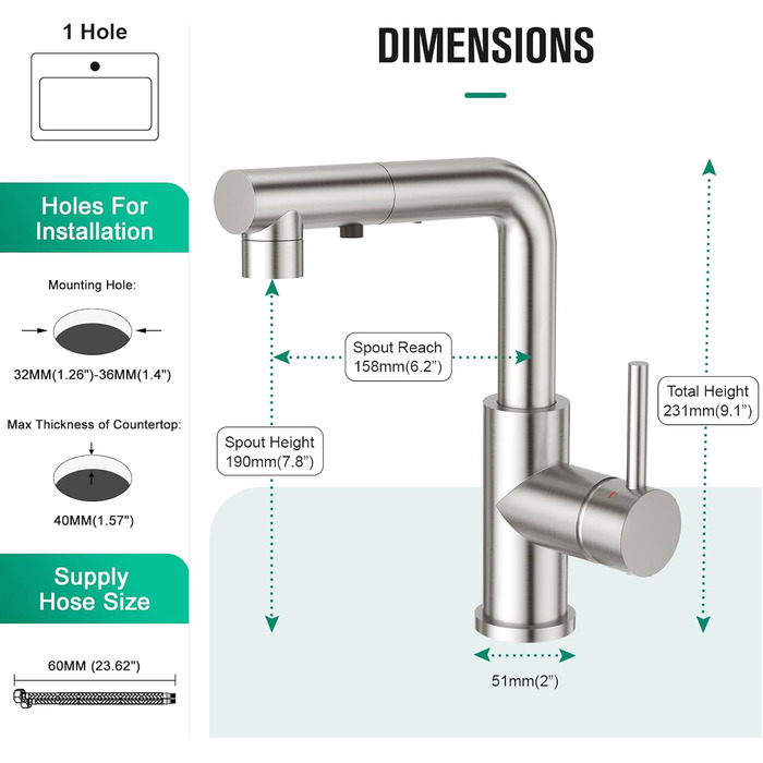 Кран кухонний CREA з 3 функціями, висувна лійка, поворот на 360°, матовий (з нержавіючої сталі)