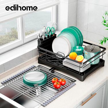 Сушарка для посуду edihome з нержавіючої сталі, однорівнева, з піддоном і тримачем для столових приборів, для кухонної стільниці