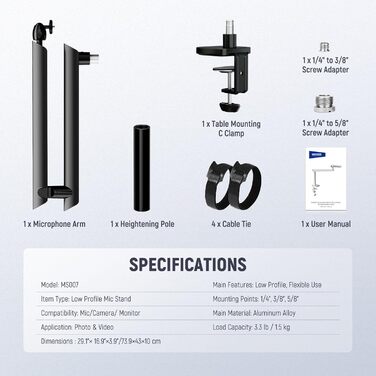 NEEWER Тримач для мікрофона MS007 – регульований кріплення на стіл з демпфером, 360° обертання, для подкастів, ігор, стрімінгу та дзвінків