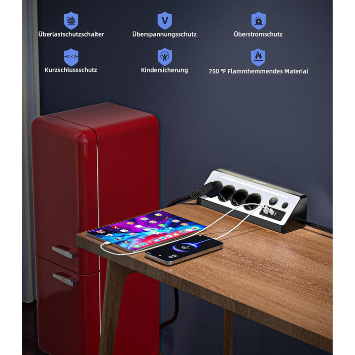 Мережевий адаптер з USB та 2 Type-C, 4 розетки, 16A, 3680W, з вимикачами, захист від перенапруги, LED, для кухні/офісу, білий/чорний