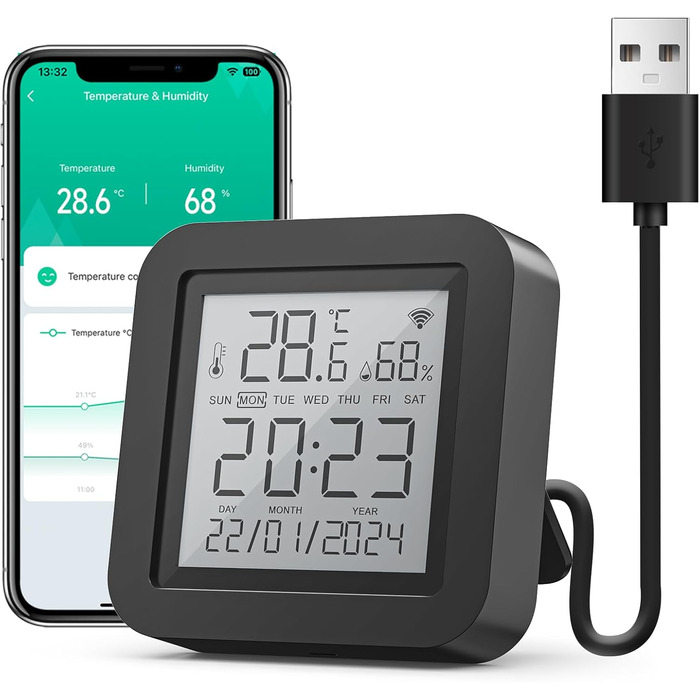 GHome Smart WLAN Thermometer Hygrometer, Smart Infrared Remote Control, Digital Temperature and Humidity Meter with App Notification Alarm, Compatible with Alexa and Google Assistant (1 Pack)