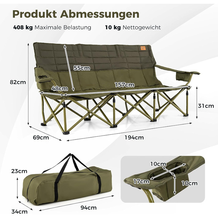 Крісло для кемпінгу Costway, розкладне, з регульованими підлокітниками, тримачами для напоїв та сумкою, вантажопідйомність 272 кг, для кемпінгу, риболовлі, пікніка (Зелений)