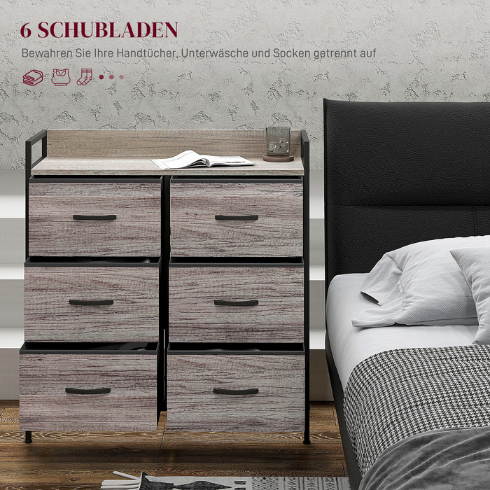HOMCOM 6-Drawer Fabric Storage Chest of Drawers, Storage Cabinet, Dresser-Style Unit with Wood-Look Finish, Handles, Steel Frame, Industrial Design Sideboard for Living Room - Grey | Aosom