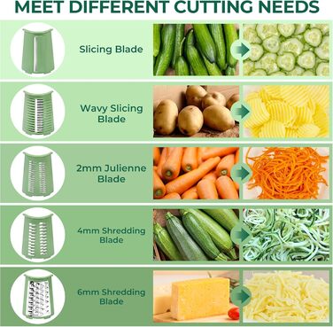 Тертка для сиру та овочів SUTEAS з ручкою - 5 насадок, потужний присосок, набір для нарізання овочів, ідеально підходить для сиру, огірків, моркви, горіхів, овочів, з коробкою для зберігання лез (Ретро-зелений)