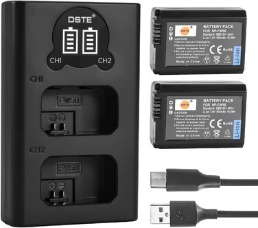 Запасний акумулятор NP-FW50 (2 шт.) та смарт-зарядний пристрій LED Dual USB для Sony Alpha a6500, a6300, a6000, a7s, a7, a7s ii, a5100, a5000, a3000