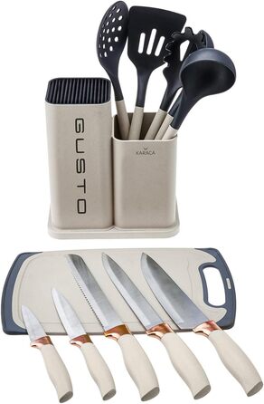 Набір ножів Karaca Gusto 12 предметів з дощечкою та кухонними аксесуарами, з нержавіючої сталі, ергономічні ручки, чорний (кремовий)