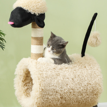 PawHut Дряпальня для котів 98 см, котячий комплекс з когтеточками, тунелем, іграшкою-м'ячиком, котячий будиночок у формі овечки, для котів вагою до 5 кг, світло-коричневий | Aosom