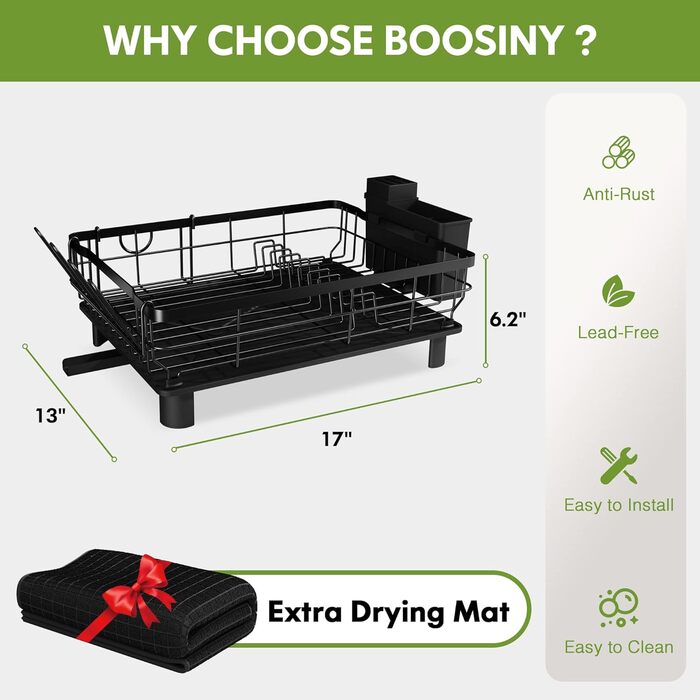 Сушарка для посуду Boosiny з нержавіючої сталі, чорна, з підставкою для приладів, дощечкою та килимком для сушіння