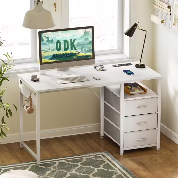 ODK Desk with 3 Fabric Drawers, Computer Desk with 2 Sockets and USB Ports, Reversible PC Desk Office Desk for Home Office (White, 120x48x75.5 cm) 120x48x75.5cm White