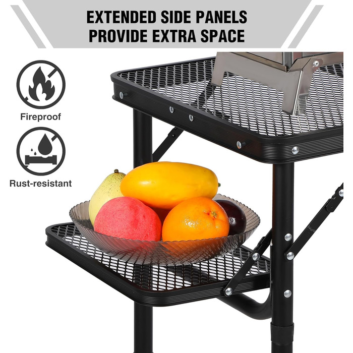 Складний стіл для кемпінгу REDCAMP 60x40 см для пікніка, BBQ, приготування їжі. Легкий, алюмінієвий, з регульованими ніжками, чорний (90x41 см)