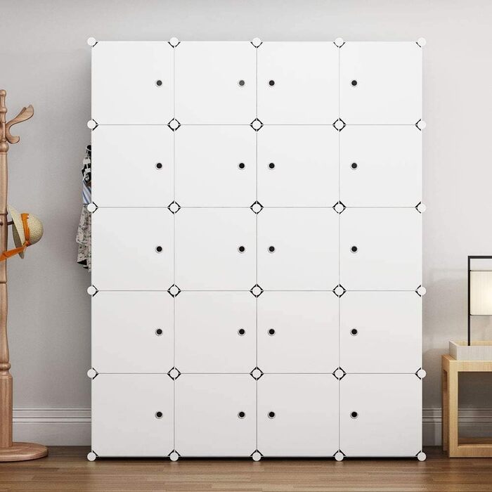 HOMIDEC Wardrobe, Portable Shelving System, 20-Cube Closet Organizer made of Plastic with 2 Clothes Rods, Bedroom Wardrobe Closet White for Bedroom, 180 x 142 x 45cm