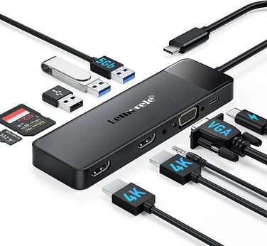 Док-станція Lemorele USB C з хабом 11 в 1: 2*HDMI (4K), 3*USB 3.0/2.0, VGA, PD 100W, SD/TF, для Windows, MacBook, Dell, HP, Lenovo, Surface
