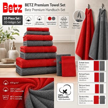 Набір махрових рушників Betz Premium 10 предметів (червоний та антрацит): 2 банні, 4 гігієнічні, 2 гостьові, 2 для рук, 2 рукавички