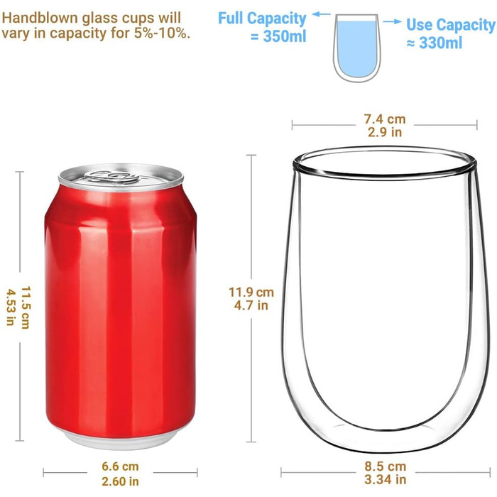 4-Piece Double-Walled Latte Macchiato Glasses, 350ml, Borosilicate Glass Coffee Cups, Glass Coffee Glasses, Tea Glasses for Cappuccino, Latte, Tea, ICE, Iced Tea, Iced Americano, Milk, Juice, Beer