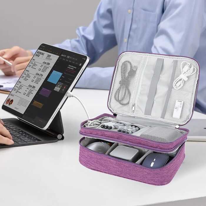 Органайзер для кабелів AiQInu: універсальна дорожня сумка-кубик, 3 шари, водонепроникний, для кабелів, power bank, USB, SD карт (фіолетовий)
