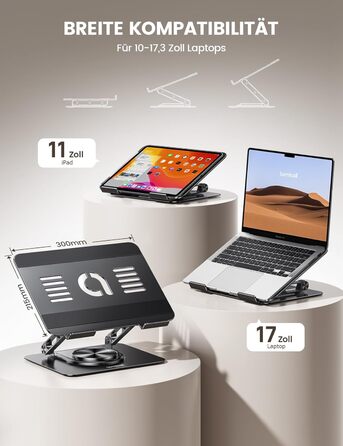Підставка для ноутбука Lamicall, регульована - 360° обертання, складна, алюмінієва - для столу/офісу, універсальна ергономічна підставка для Macbook Pro Air, 10-17,3' (чорний)